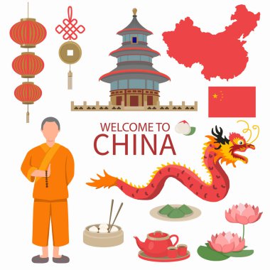China Flat Icons Design Travel Concept . example Lion  and Drago