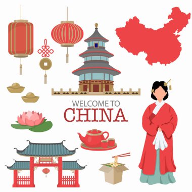 China Flat Icons Design Travel Concept . example Lion  and Drago