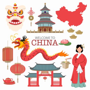 China Flat Icons Design Travel Concept . example Lion  and Drago