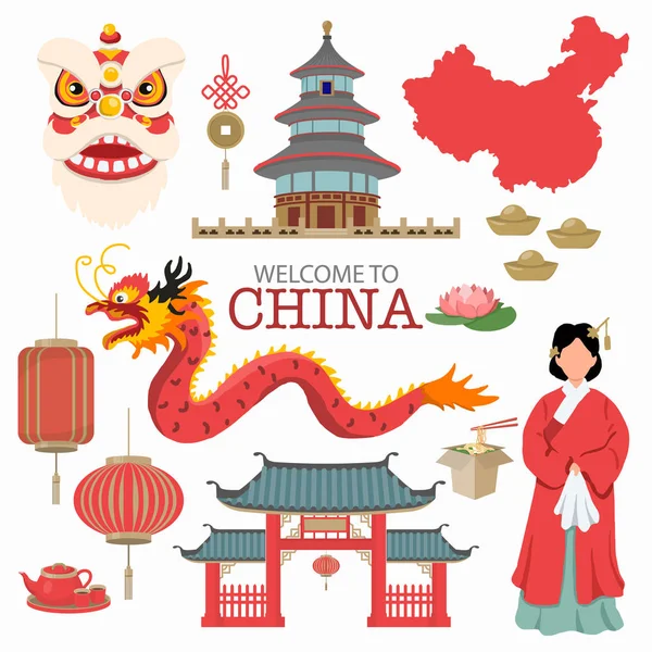 China Flat Icons Ontwerp Travel Concept. voorbeeld Lion and Drago — Stockvector