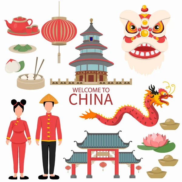 Čína ploché ikony Design Travel Concept. ukázkový lev a drago — Stockový vektor