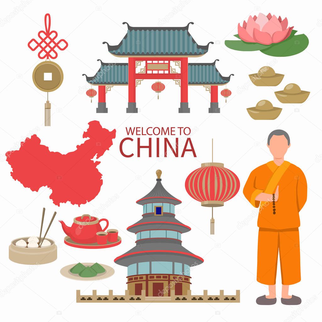 China Flat Icons Design Travel Concept . example Lion  and Drago
