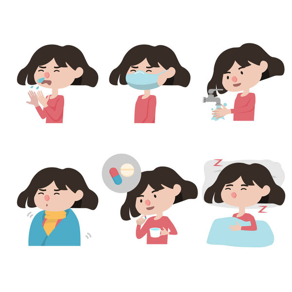 set of icon  diseases symptoms and how to take care off your self from fever illness people.  vector illustration. flat design isolated on white background.