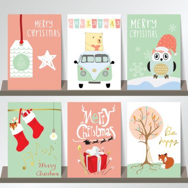 Baykuş, tilki, ayı, g ile hafif pembe mavi aşk Noel tebrik kartı