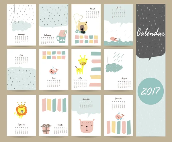 Barevné roztomilé měsíční kalendář na rok 2017 s medvěd, žirafa, lev, velryba — Stockový vektor