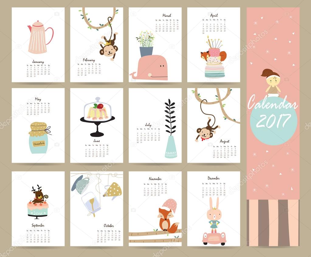 Calendario mensile carino colorato 2017 con albero scimmia balena torta — Vettoriale Stock