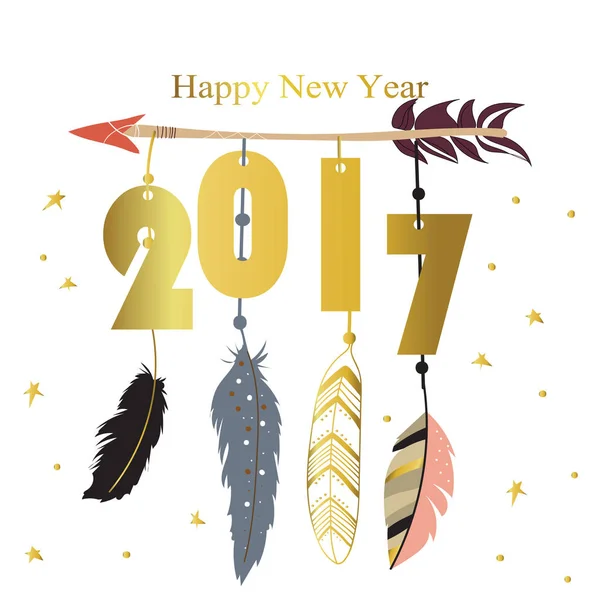 Luz rosa oro azul feliz año nuevo con estrella, flecha y pluma — Vector de stock