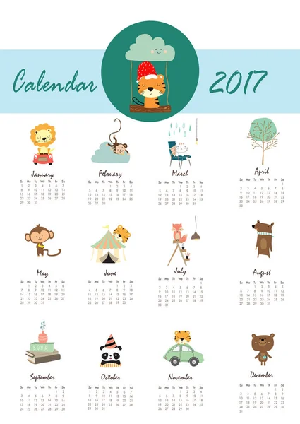 Kolorowe ładny Kalendarz miesięczny 2017 z drzewa, panda, Tygrys, Lew — Wektor stockowy