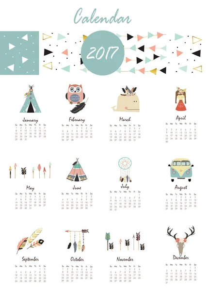 Πολύχρωμα χαριτωμένα μηνιαίο ημερολόγιο 2017 με τέντα, φτερό, φάλαινα, μηχανήματος — Διανυσματικό Αρχείο