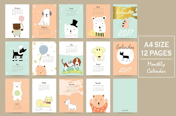 Colorato calendario mensile carino 2017 con gatto, cane, orso e palloncino — Vettoriale Stock