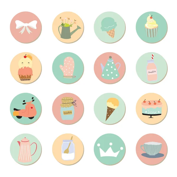 Cartoon icon collection with ice cream,cup cake, cake,crown,bicy — Stock Vector