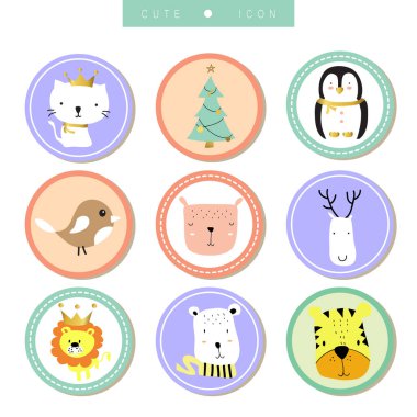 Çizgi film simgesi toplama kedi, kaplan, yılbaşı ağacı, kuş, reind ile