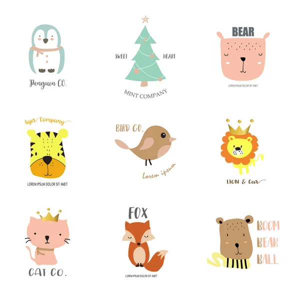 Χαριτωμένο λογότυπο του σχεδιασμού με την penguin, chirstmas δέντρο, γάτα, αρκούδα, πουλί, λιοντάρι — Διανυσματικό Αρχείο
