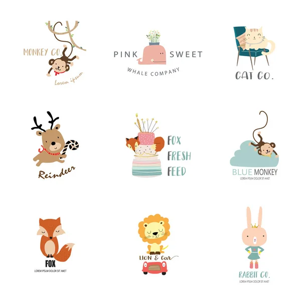 Χαριτωμένο λογότυπο του σχεδιασμού με μαϊμού, φάλαινα, γάτα, ταράνδου, αλεπού, λιοντάρι, κουνέλι, — Διανυσματικό Αρχείο