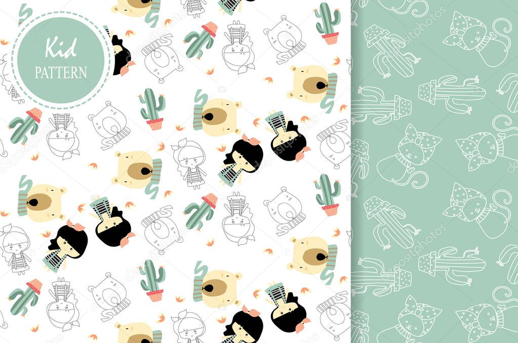 Light green,white seamless pattern with girl,bear,cat and cactus