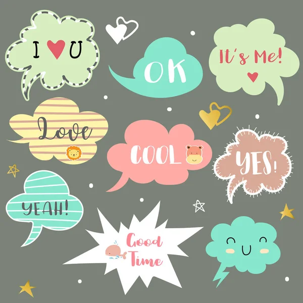 Pink,blue bubble talk with Cool,OK,Good time,Yes,It's me,Yeah an — Stock Vector