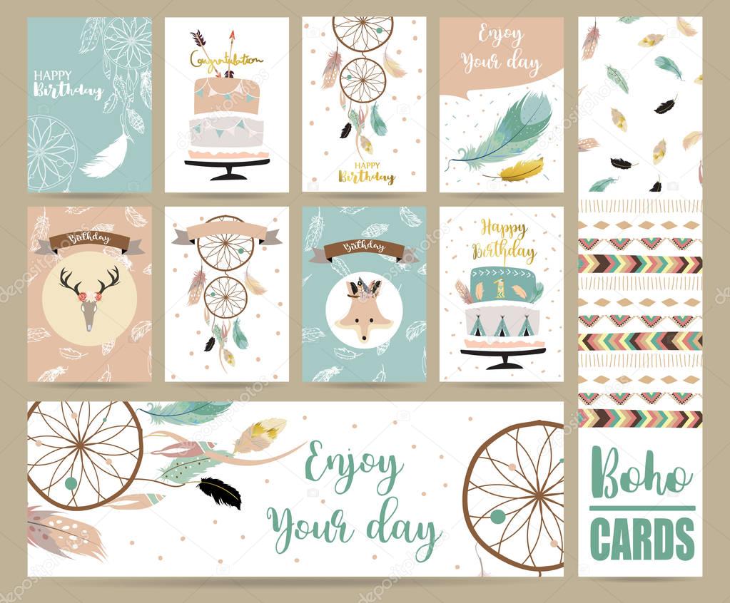cute cards for banners,Flyers,Placards with feather,fox,cake,wil