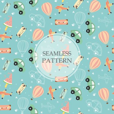 Araba, balon, karpuz buz ile hafif pembe, mavi seamless modeli