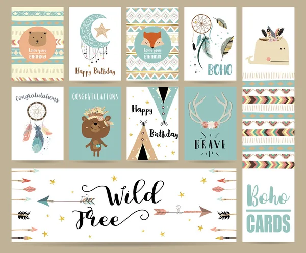 Cute cards for banners,Flyers,Placards with feather,fox,bear,wha — Stock Vector