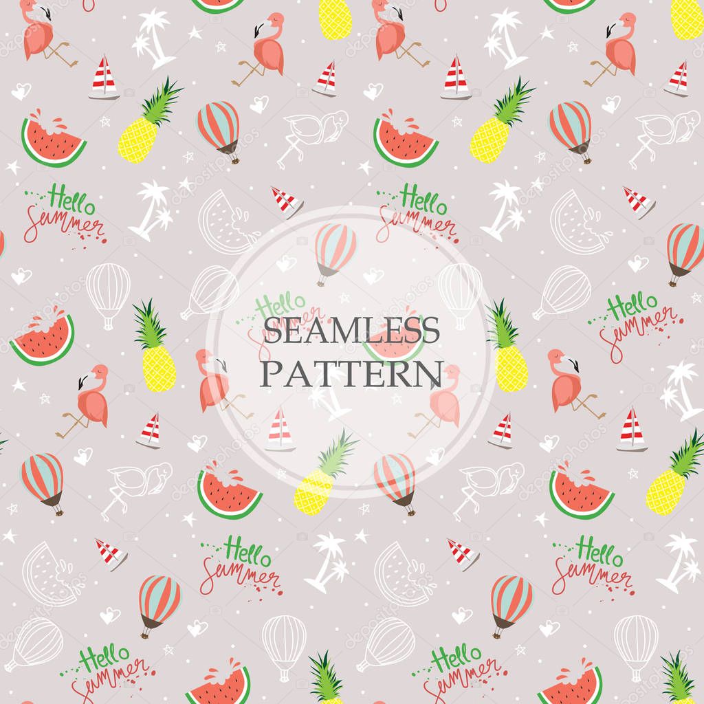 Light gray seamless pattern with watermelon,pineapple,flamingo a