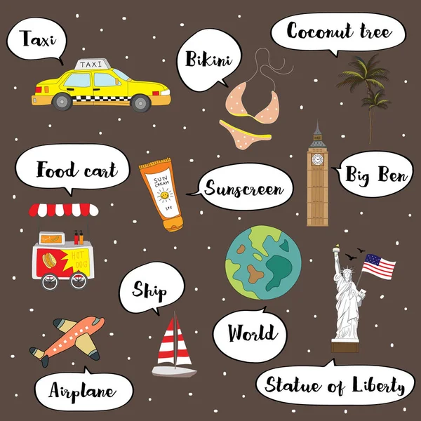 Vocabulaire mignon avec taxi, bikini, cocotier, chariot de nourriture, crème solaire, bateau, monde, avion et statue de la Liberté — Image vectorielle