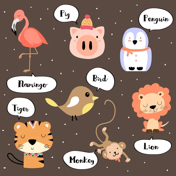 Vocabulaire mignon avec flamant rose, tigre, porc, pingouin, oiseau, singe et — Image vectorielle