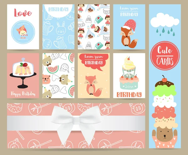 Rosa coleção rosa azul para banners, Placards com gato, raposa, urso — Vetor de Stock