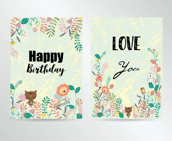 Красочные открытки с медведем, цветами, листьями и растениями — стоковый вектор