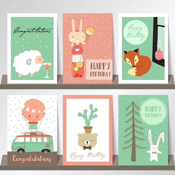 Coleção rosa verde de estandartes, Placards com ovelhas, coelho, raposa —  Vetores de Stock