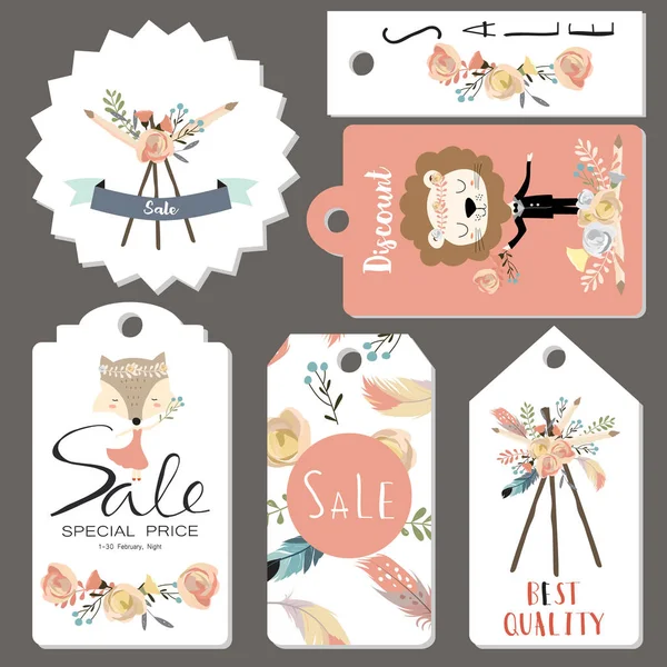 Light pink tag sale on summer with fox, feather, lion, flower and w — стоковый вектор