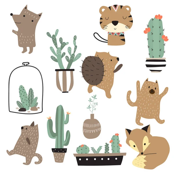 Collezione di icone con tigre, volpi, orsi, cactus e istrici — Vettoriale Stock
