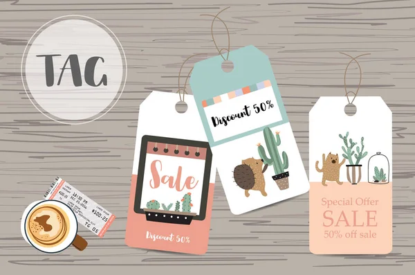 Light blue pink tag sale on summer with porcupine, cactus and bea — стоковый вектор