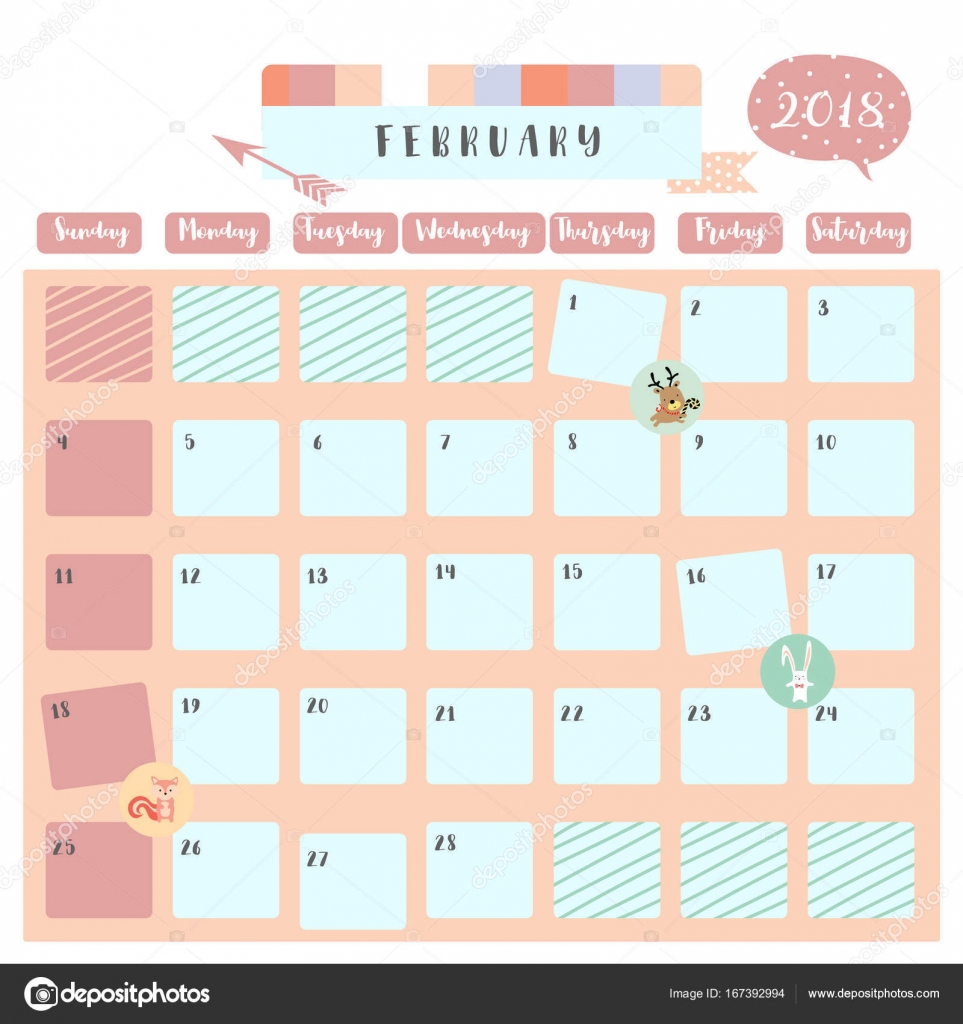colorful-cute-february-2018-calendar-with-squirrel-rabbit-and-re-stock