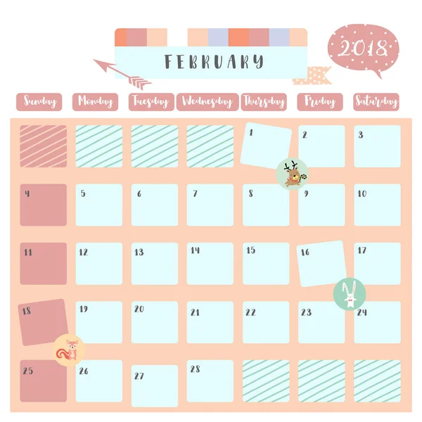 Colorido lindo calendario de febrero 2018 con ardilla, conejo y re — Vector de stock