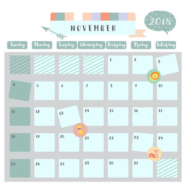 Colorido lindo noviembre 2018 calendario con ardilla, jirafa y l — Vector de stock