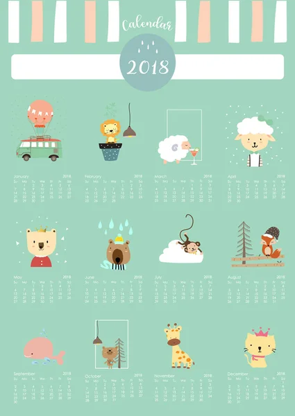 Calendário mensal bonito colorido 2018 com baleia, árvore, macaco, raposa, s —  Vetores de Stock