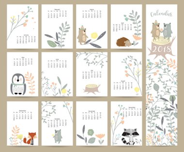 Renkli sevimli aylık takvim 2018 vahşi ile tilki, ayı, kokarca, lea