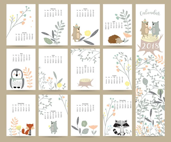 Colorful cute monthly calendar 2018 with wild,fox,bear,skunk,lea — Stock Vector