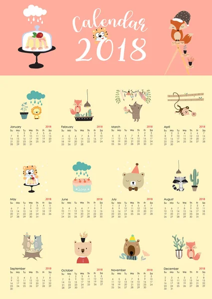 Colorful cute monthly calendar 2018 with fox,bear,cactus,flower, — Stock Vector
