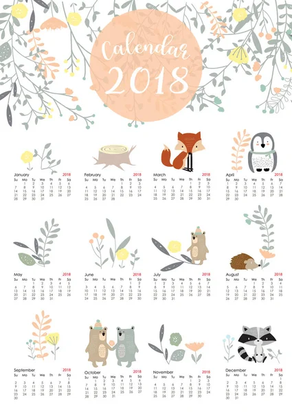 Colorful cute monthly calendar 2018 with wild,fox,bear,skunk,lea — Stock Vector