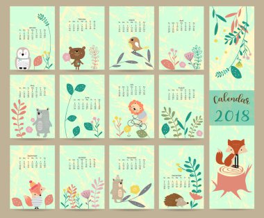 Renkli sevimli aylık takvim 2018 ile vahşi, tilki, ayı, yaprak, stum