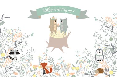 Afiş, yaprak, çiçek, ayı ile posterlerini açmaları için mavi yeşil koleksiyonu