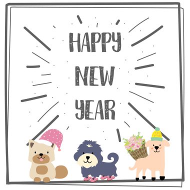 Köpek ve çiçek ile mutlu yeni yıl tebrik kartı
