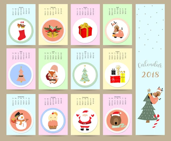 Calendário mensal bonito colorido 2018 com selvagem, raposa, urso, boneco de neve, g —  Vetores de Stock