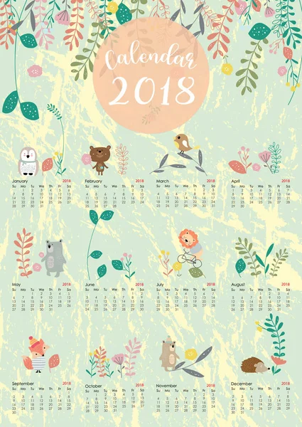 Colorful cute monthly calendar 2018 with wild,fox,bear,leaf,stum — Stock Vector