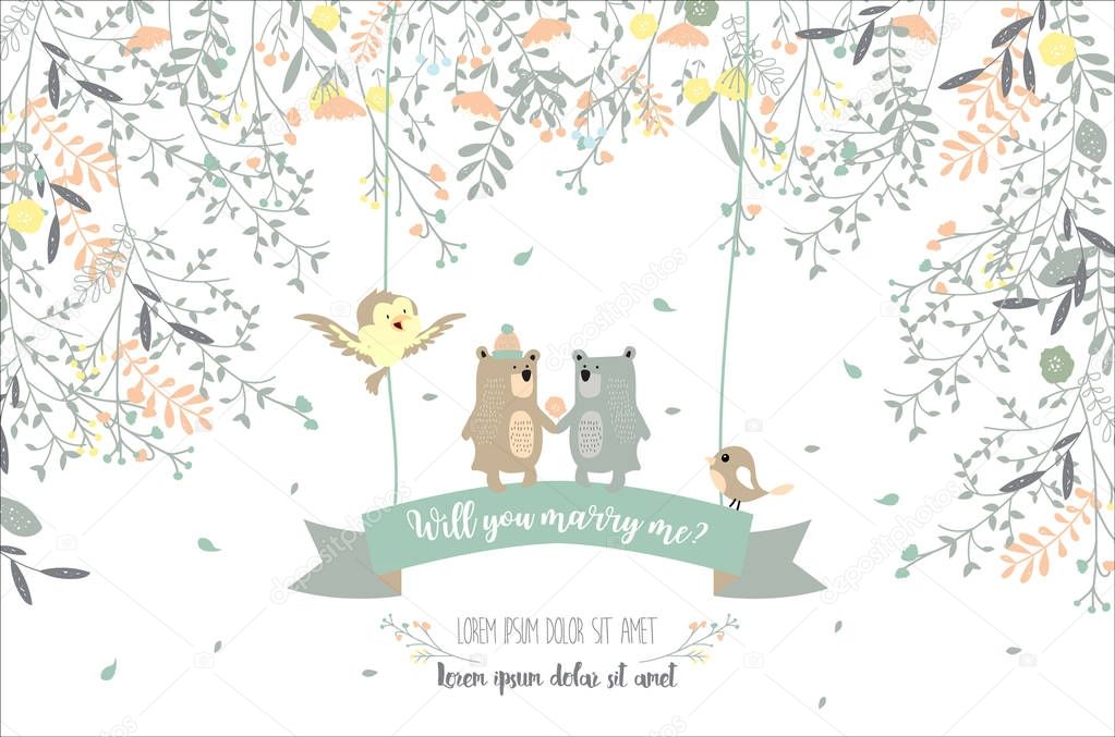 Blue green collection for banners,Placards with leaf,flower,bear,bird and ribbon