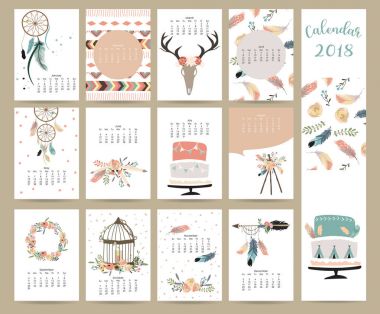 Renkli sevimli aylık takvim 2018 vahşi ile tilki, ayı, kokarca, yaprak, güdük, çiçek, penguin ve kirpi. Web, afiş, poster, etiket için kullanılır ve yazdırılabilir olabilir