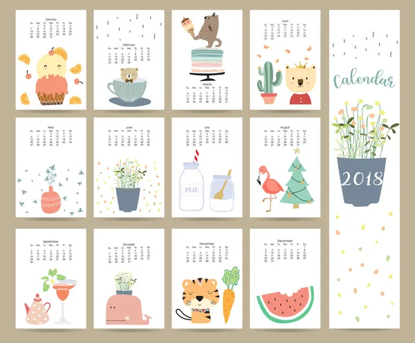 Calendário mensal bonito colorido 2018 com urso, sorvete, cuctus, f —  Vetores de Stock