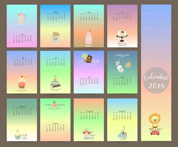 Calendário mensal gradiente colorido 2018 com urso, sorvete, raposa , — Vetor de Stock