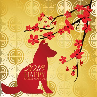 Çiçek ve köpek ile altın kırmızı Çin yeni yıl kartı